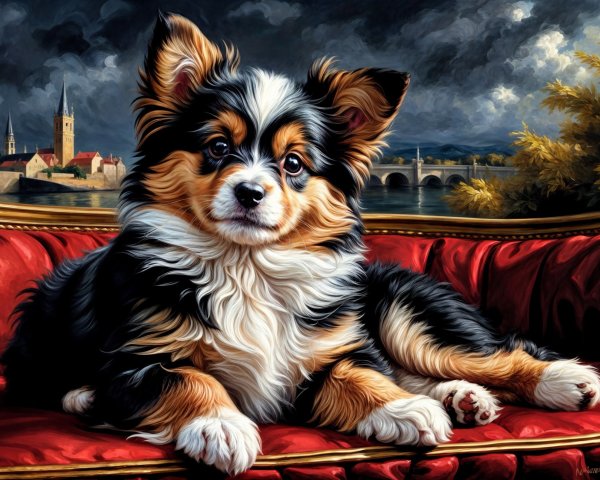 Fluffy Tri-Color Dog on Red Velvet Couch with Landscape