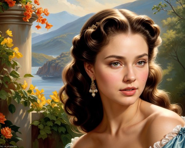 Young woman in blue dress by serene landscape