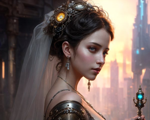 Steampunk-inspired portrait of a woman with mechanical arm and cityscape.
