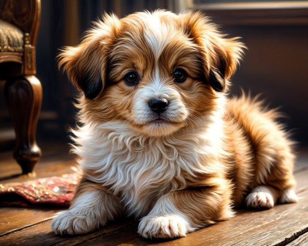 Fluffy Puppy Resting on Wooden Floor in Sunlight