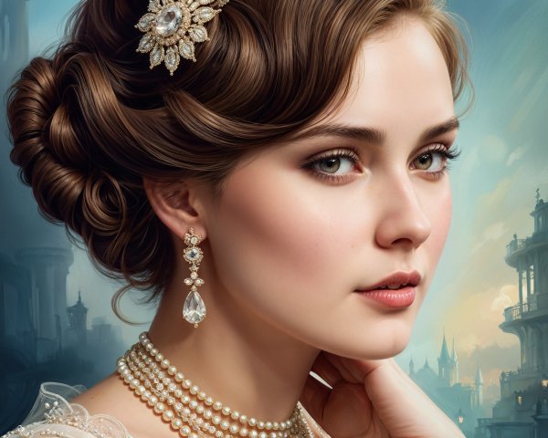 Elegant Young Woman with Pearl Jewelry and Hairpiece