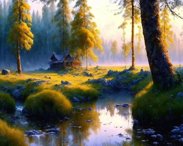 Tranquil landscape: wooden cabin, tall trees, golden foliage, stream, misty meadow