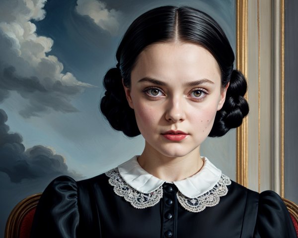 Young girl in black dress with lace collar and dreamy sky