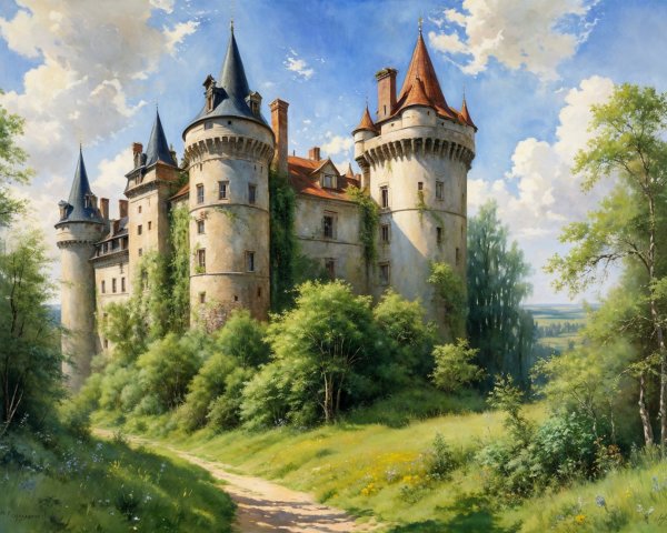 Majestic castle surrounded by lush greenery and towers