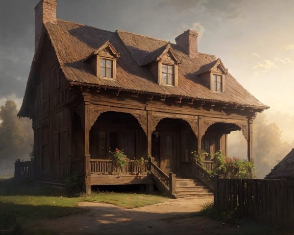Rustic Wooden House with Porch and Balcony at Sunset