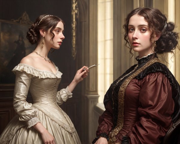 19th-Century Women in Elegant Dresses in Stately Room