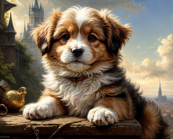 Fluffy Dog on Rustic Surface with Scenic Landscape