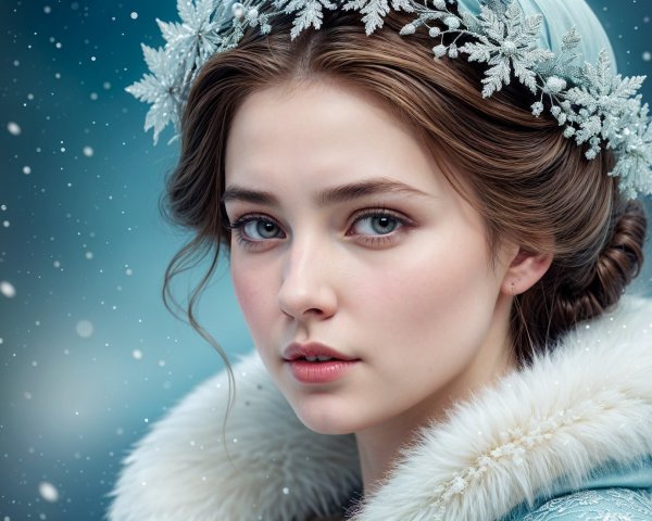 Young Woman in Blue Gown Amidst Falling Snowflakes