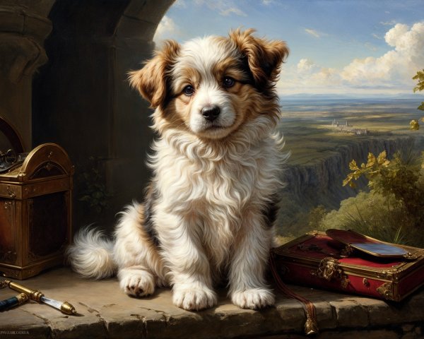 Fluffy Puppy on Windowsill with Scenic Landscape View