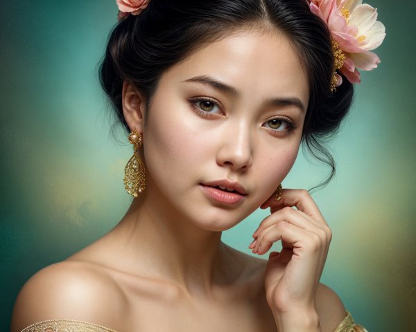 Portrait of a Serene Young Woman with Floral Accents