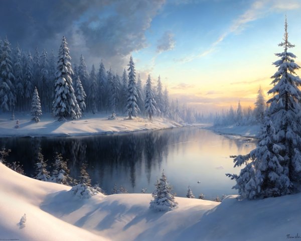 Snow-covered trees and calm river in tranquil winter landscape