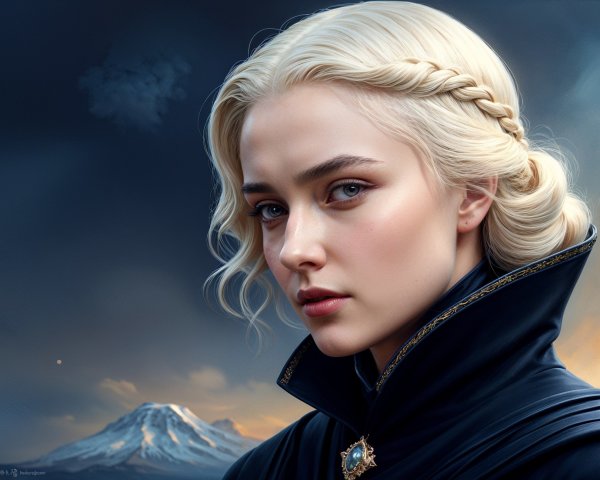 Portrait of a Young Woman with Blonde Hair and Mountains