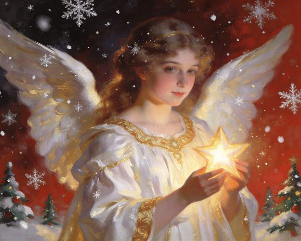 Warmly Lit Angelic Christmas Scene with Star and Snowflakes