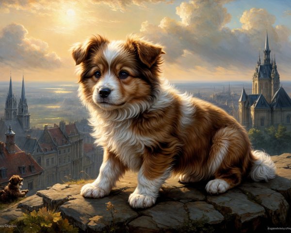 Fluffy Puppy on Rocky Ledge with Scenic Landscape