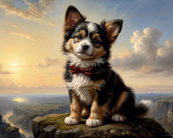 Fluffy Dog with Bow Tie on Rocky Ledge at Sunset