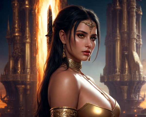 Fantasy Warrior Woman in Gold Armor with Castle Background
