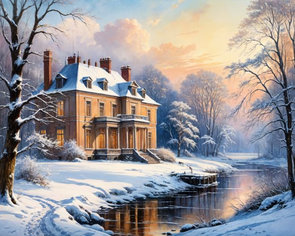 Mansion by River in Winter Wonderland Setting