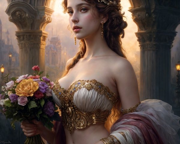 Elegant woman in golden gown with bouquet and columns
