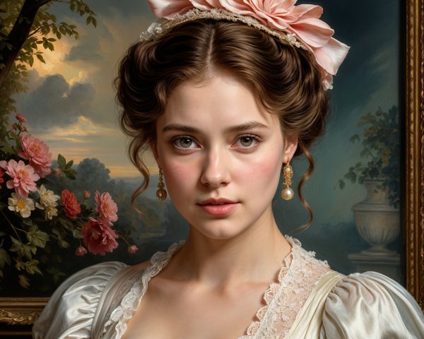 Young woman in vintage dress with floral backdrop