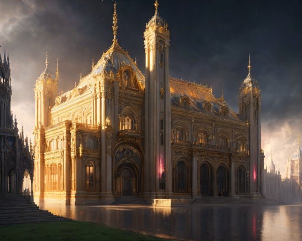 Gothic Palace at Dusk with Water and Dramatic Sky