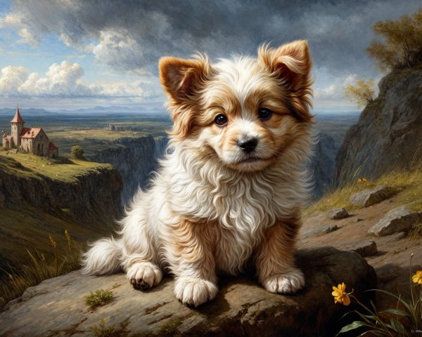 Fluffy Puppy on Rocky Outcrop with Scenic Landscape