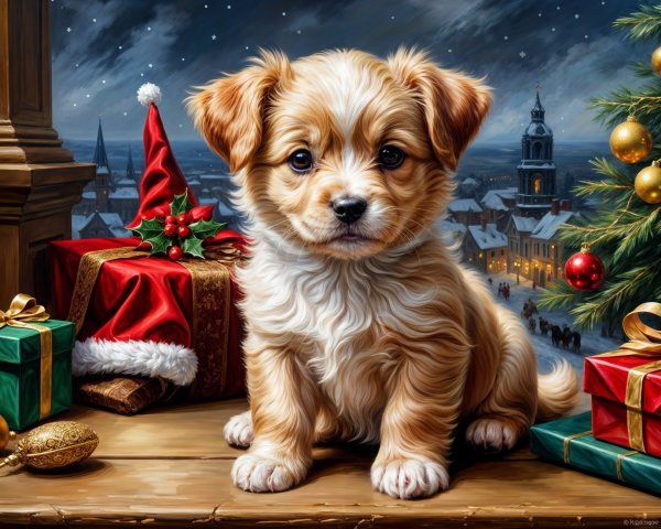 Puppy with festive decorations in snowy town scene