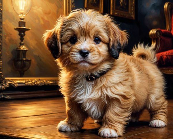 Fluffy Golden-Brown Puppy on Polished Wooden Floor