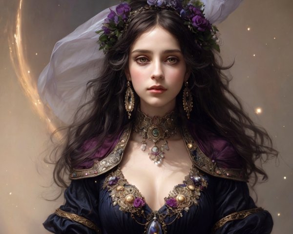 Portrait of a woman in a black dress with flowers