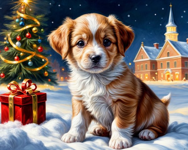 Fluffy Puppy in Snowy Holiday Scene with Decorations
