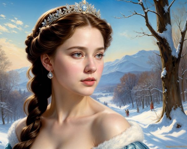 Young woman in icy blue gown with tiara in winter scene