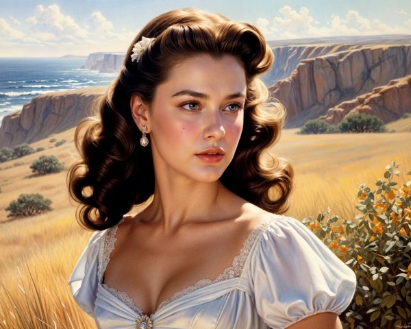Young woman in white dress by ocean cliffs