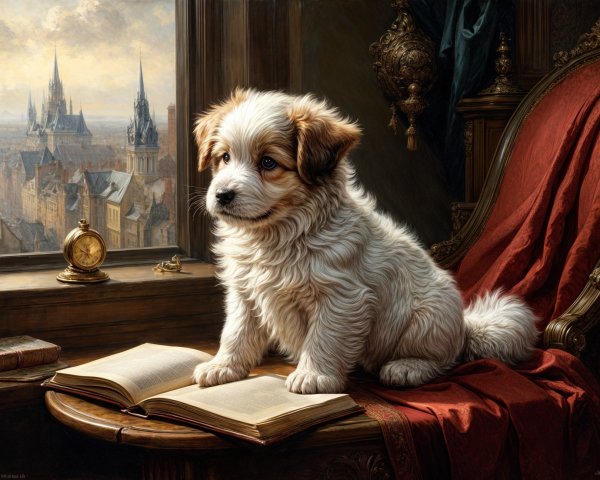 Fluffy Puppy on Book with Cityscape View Behind