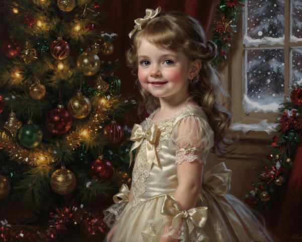 Young girl in cream dress by decorated Christmas tree