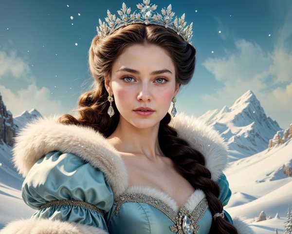 Regal Young Woman in Ice-Blue Gown in Snowy Landscape