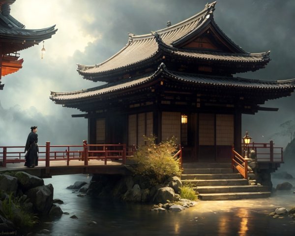Tranquil Japanese Architecture Amid Foggy Mountains