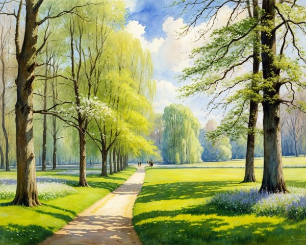 Serene Park Scene with Trees and Winding Pathway