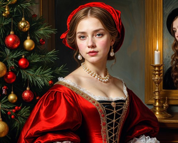 Young Woman in Red Gown by Christmas Tree