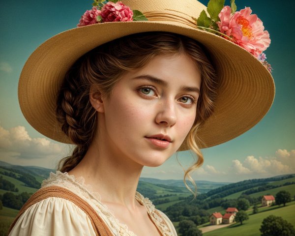 Young Woman in Vintage Dress in Serene Rural Setting