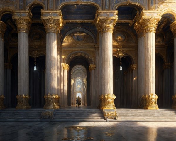 Opulent hall with golden columns and intricate frescoes
