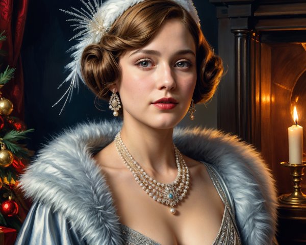 Elegant Woman in Fur Shawl by Christmas Tree