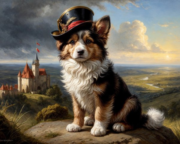 Fluffy Dog in Hat by Scenic Castle Landscape