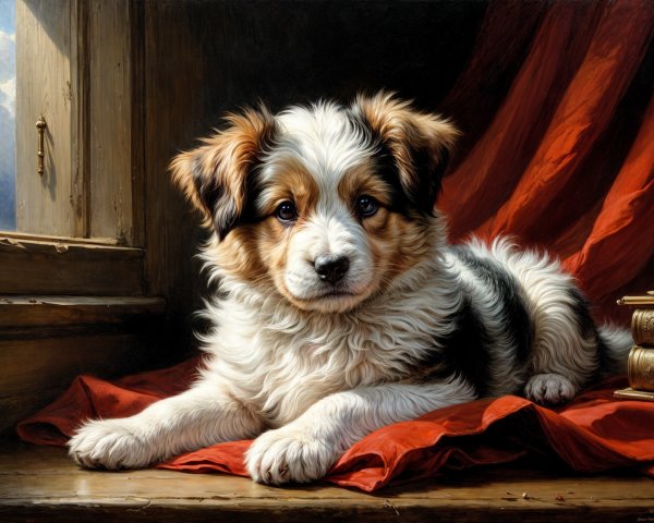 Charming Puppy Resting on Red Drapery with Sunlight