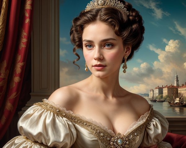 Young Woman in Historical Gown by Waterfront Scene