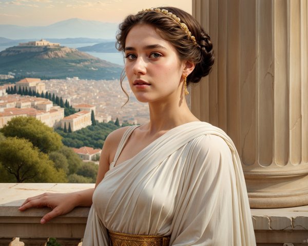 Elegant Woman in White Gown Against Scenic Landscape