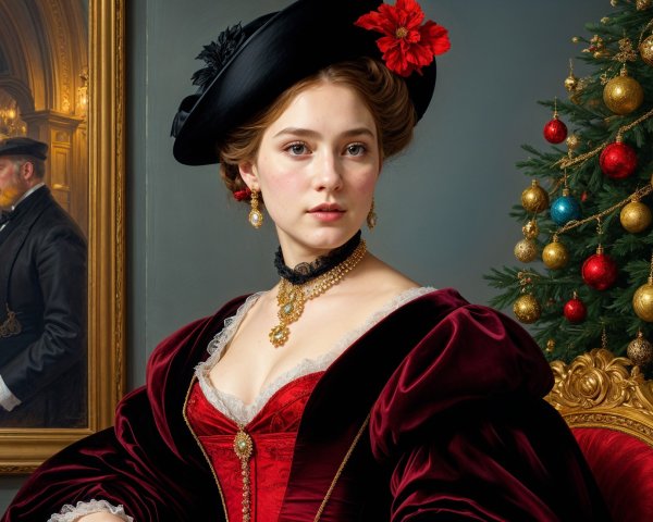 Young Woman in Vintage Burgundy Gown by Christmas Tree