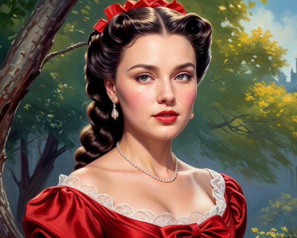 Young Woman in Elegant Red Dress with Romantic Style