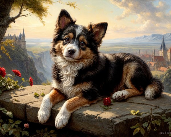 Tri-colored dog resting on stone ledge at sunset