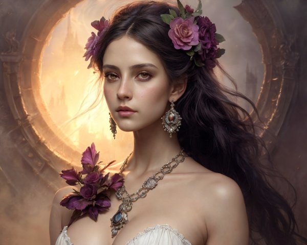 Woman in Floral Crown and Vintage Jewelry Against Ornate Backdrop