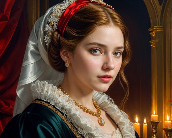 Young woman in green gown in candlelit setting