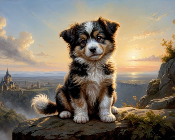 Fluffy Black and White Puppy on Rocky Ledge at Sunset